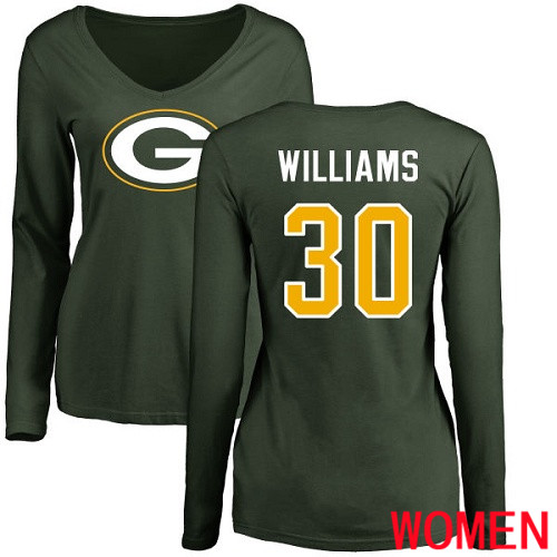 Green Bay Packers Green Women #30 Williams Jamaal Name And Number Logo Nike NFL Long Sleeve T Shirt